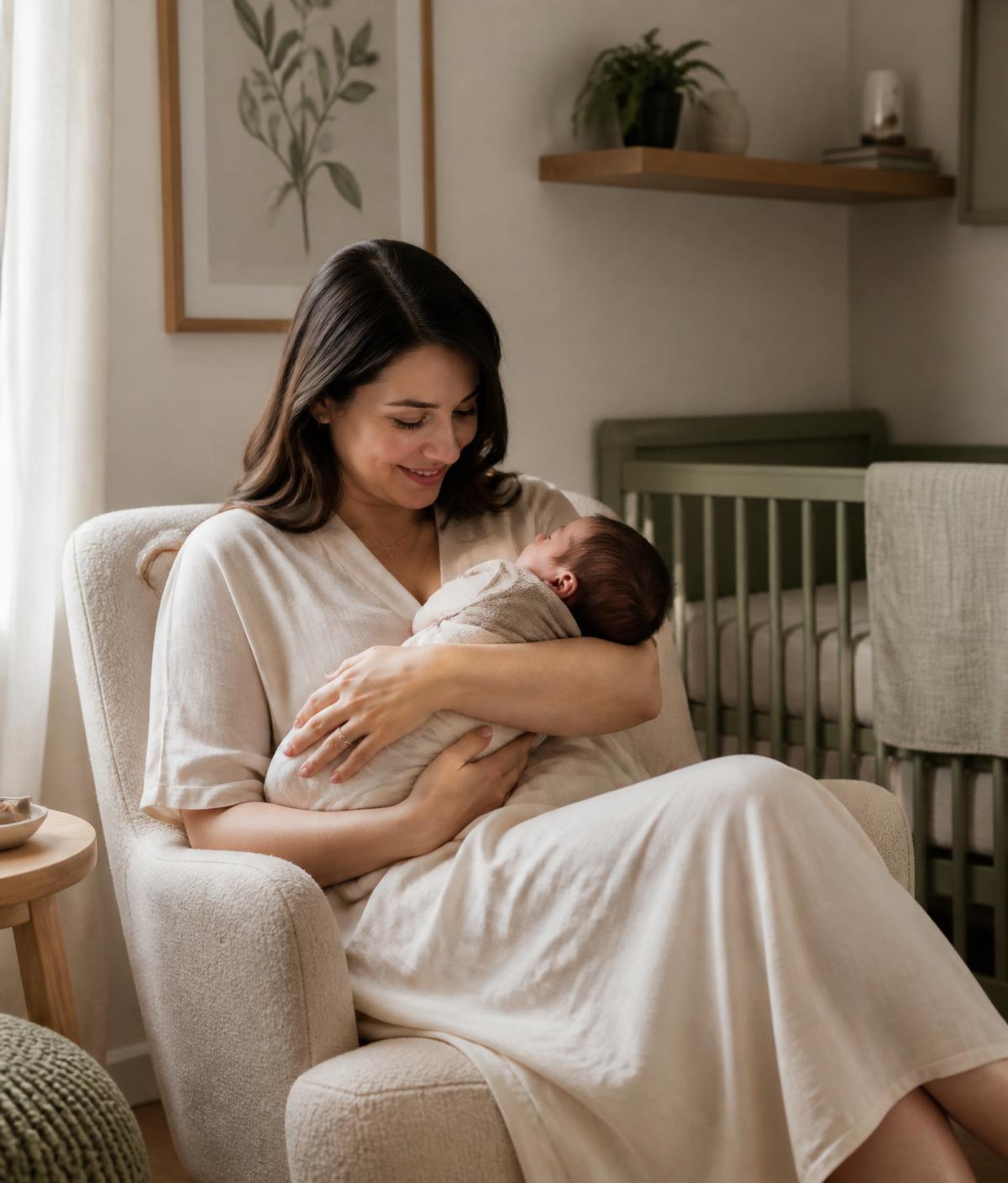 A mother resting in a nursery rocking chair while holding her newborn baby