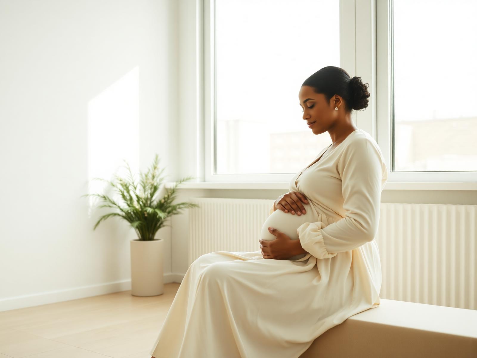 A calm, expecting mother sitting peacefully by a sunlit window