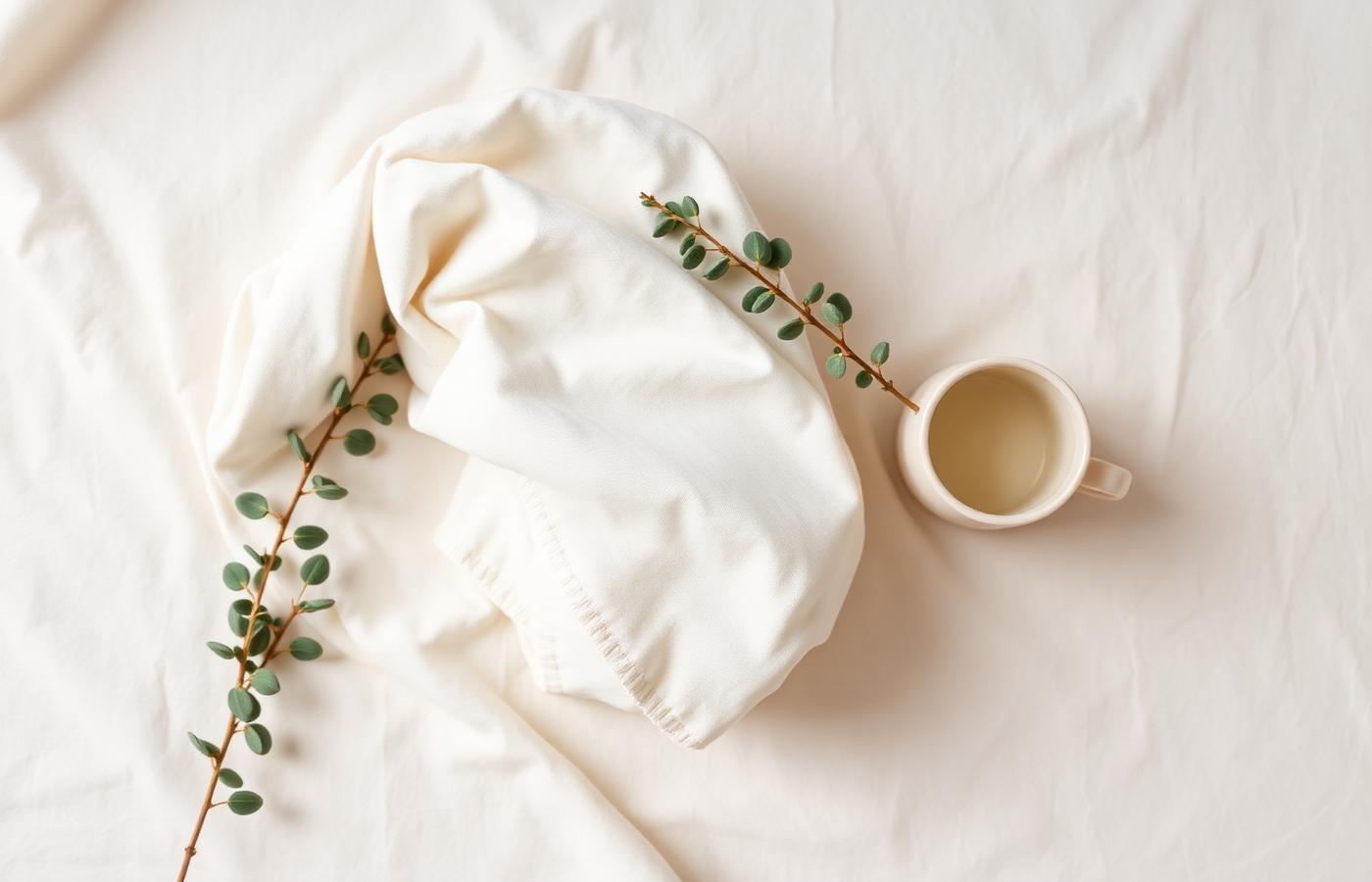 Soft folded blankets with eucalyptus and a warm cup